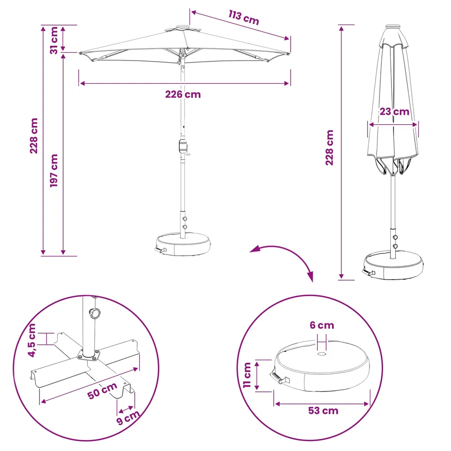 Parasol de jardin avec lumières LED et base 230 x 230 cm - 10