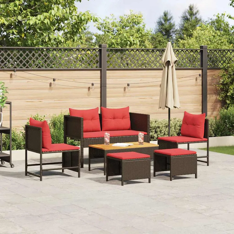 Ensemble de canapé de jardin 6 pcs Marron et rouge polyrotin