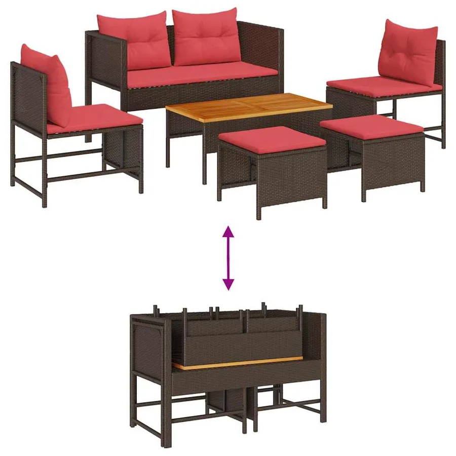 Ensemble de canapé de jardin 6 pcs Marron et rouge polyrotin - 12