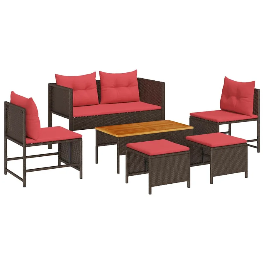 Ensemble de canapé de jardin 6 pcs Marron et rouge polyrotin - 2