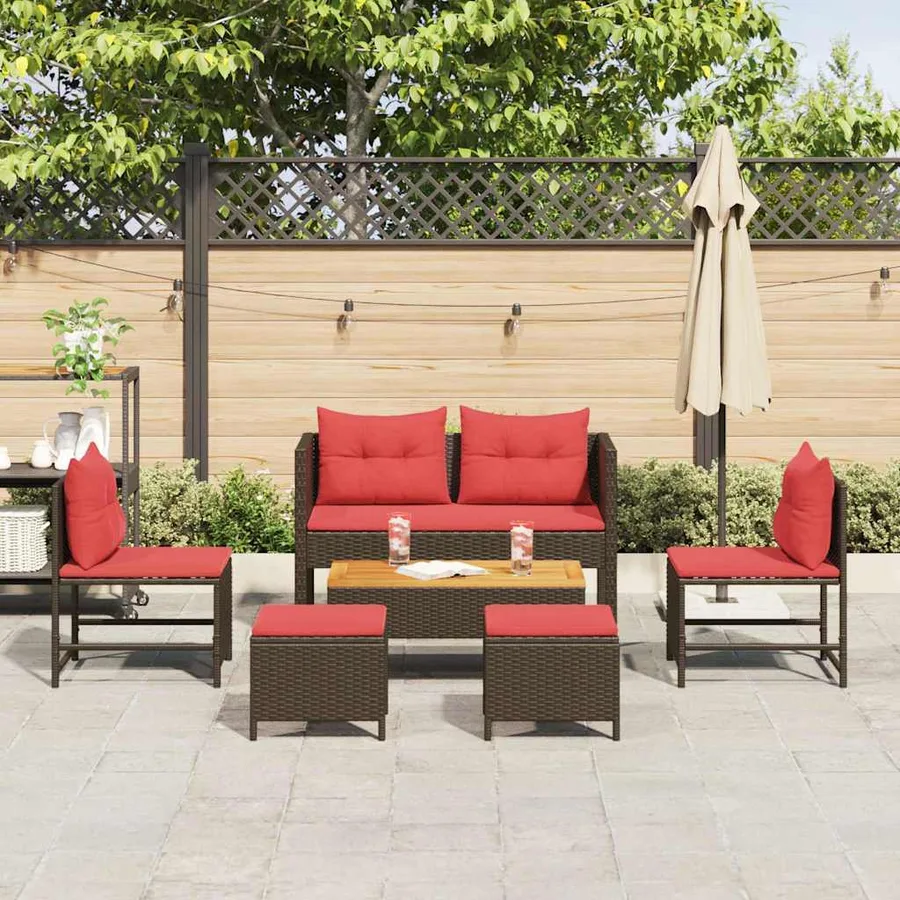 Ensemble de canapé de jardin 6 pcs Marron et rouge polyrotin - 3