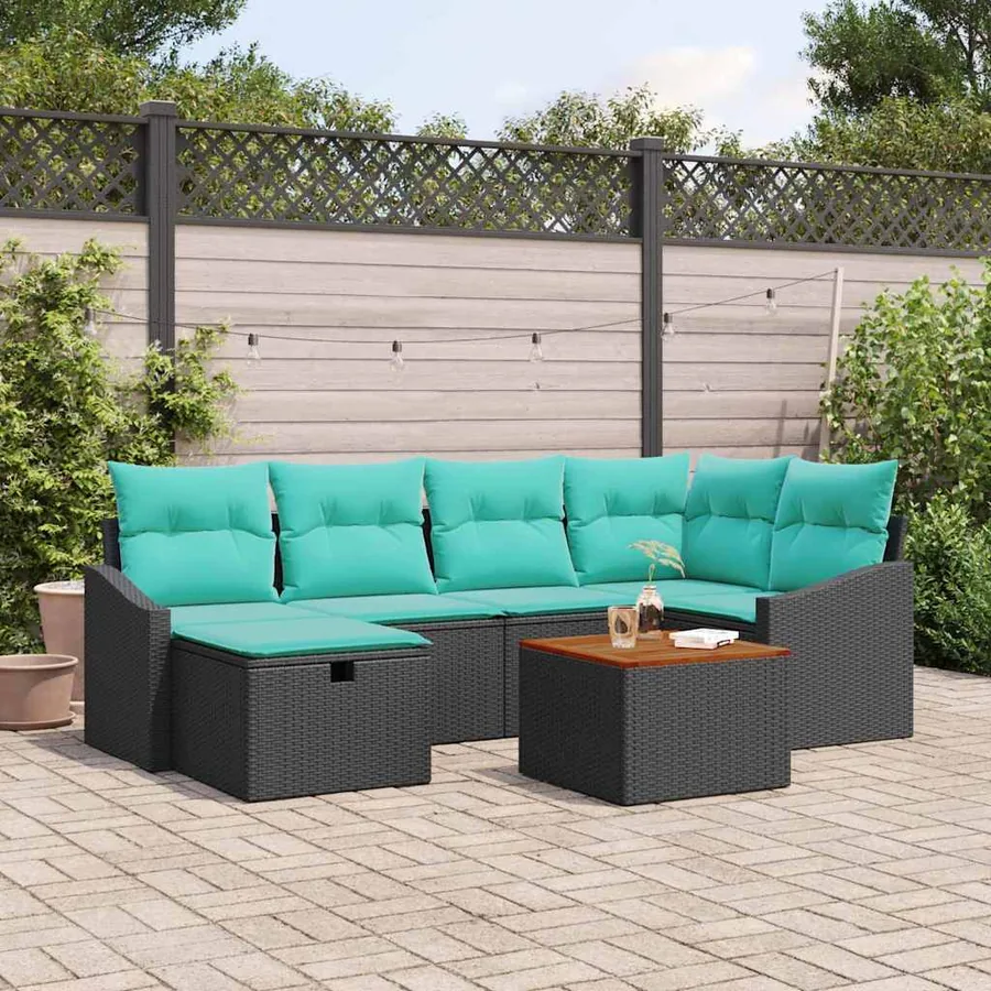 Ensemble de canapé de jardin avec coussin 7 pcs Noir polyrotin