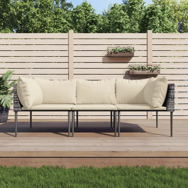 Salon de jardin 3 pcs avec coussins Gris Résine tressée