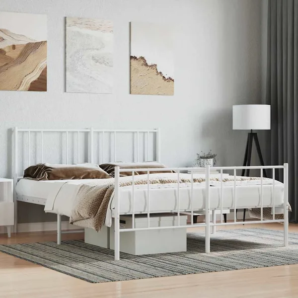 Cadre de lit métal sans matelas et pied de lit blanc 160x200 cm