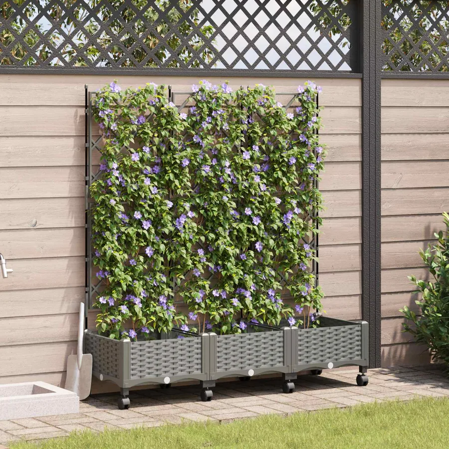 Bac de jardin avec treillis et roues 3 pc Gris clair PP
