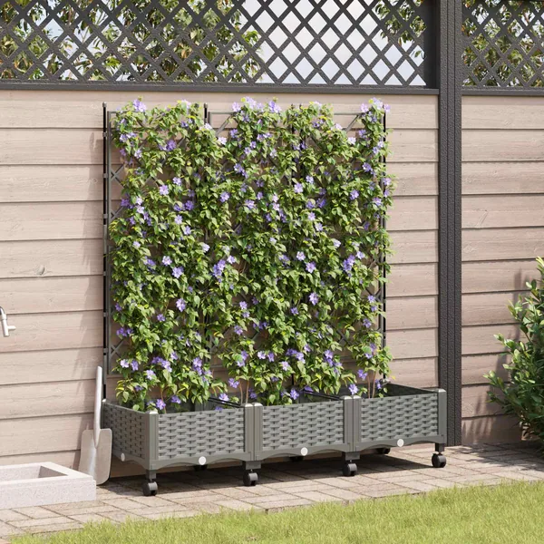 Bac de jardin avec treillis et roues 3 pc Gris clair PP