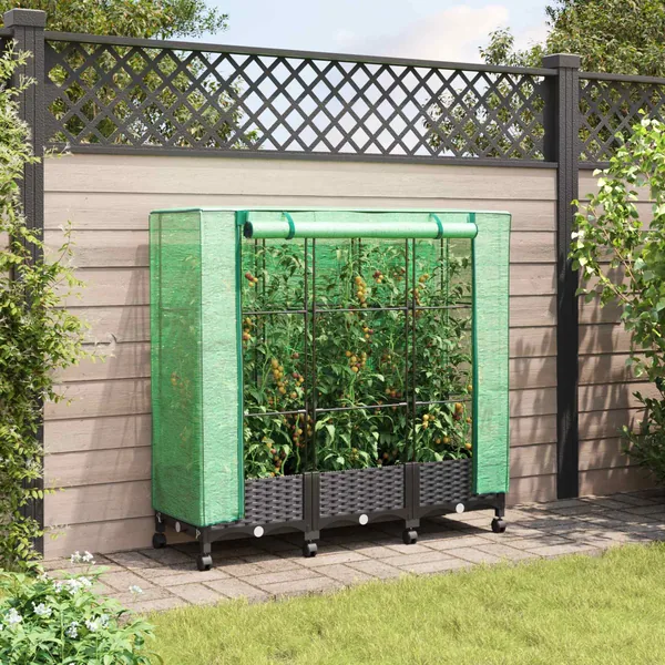 Jardinière de jardin avec couverture de serre et roues 3 pc PP