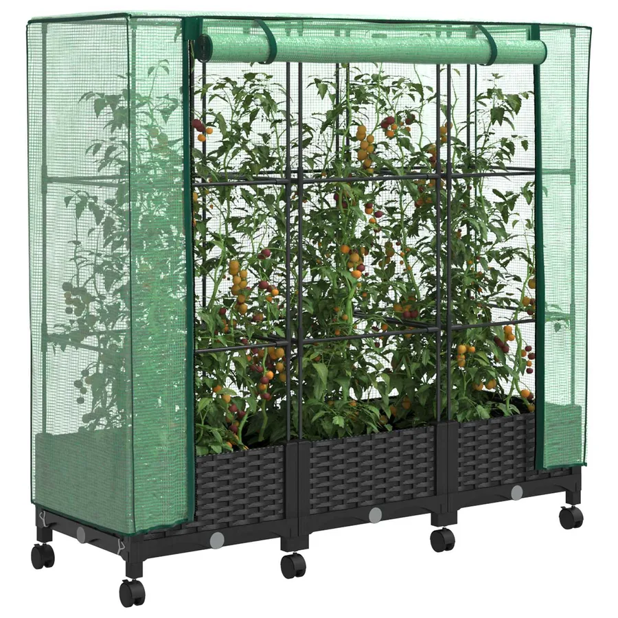 Jardinière de jardin avec couverture de serre et roues 3 pc PP - 3