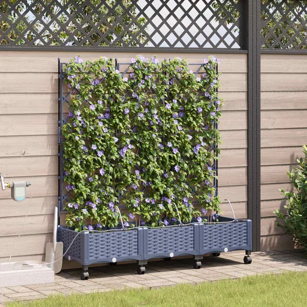 Porte-plante de jardin avec irrigation et roues 3 pc Gris PP