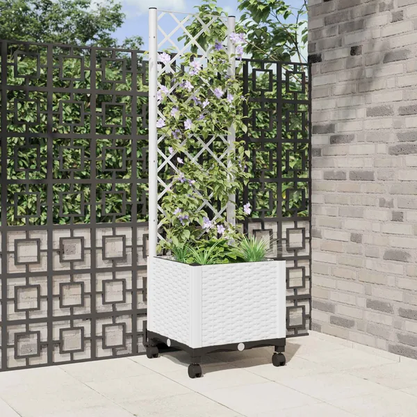 Bac de jardin avec treillis et roues Blanc 40 x 40 x 146 cm PP