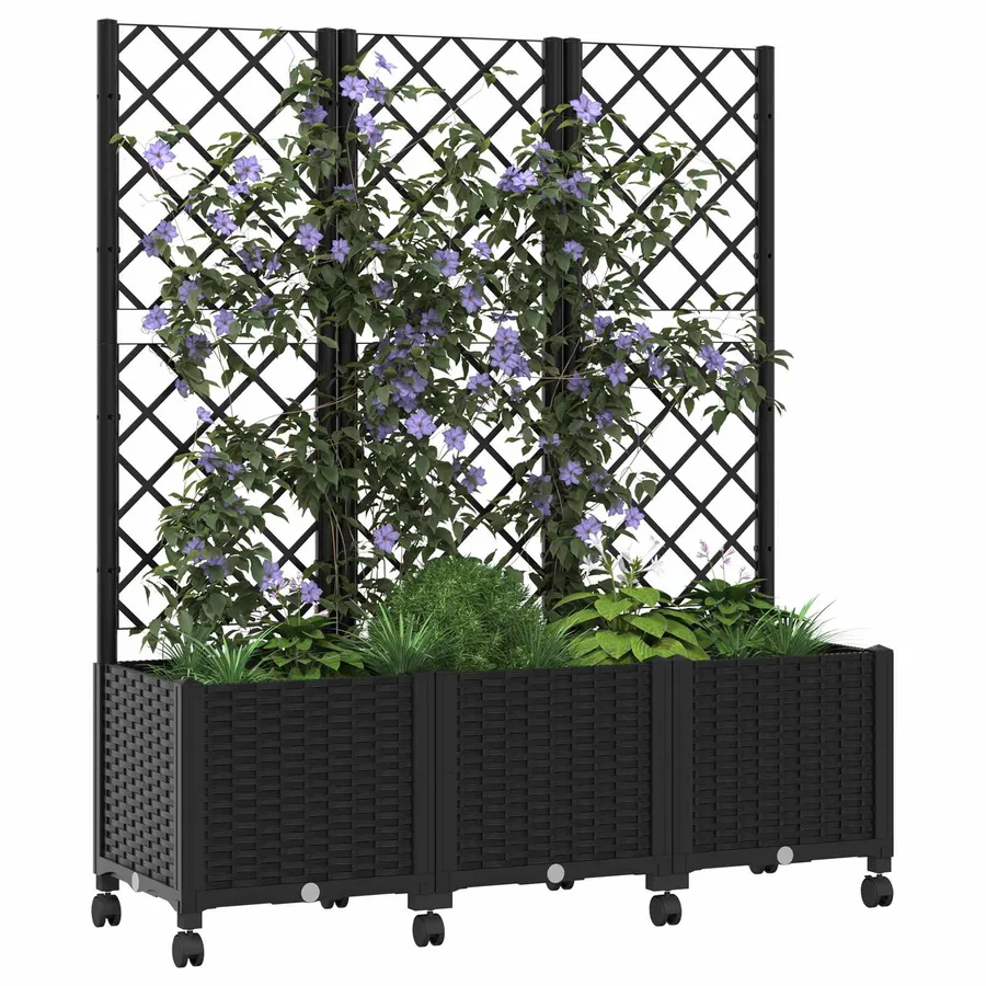 Bac de jardin avec treillis et roues Noir 120 x 40 x 146 cm PP - 3