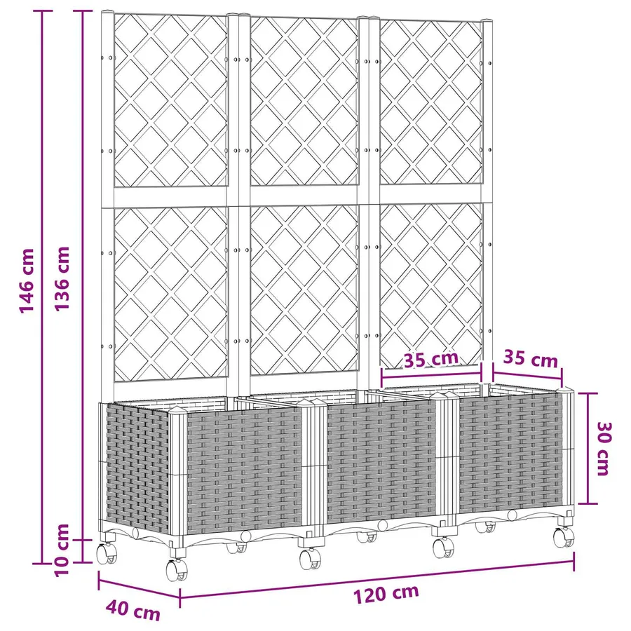 Bac de jardin avec treillis et roues Noir 120 x 40 x 146 cm PP - 8