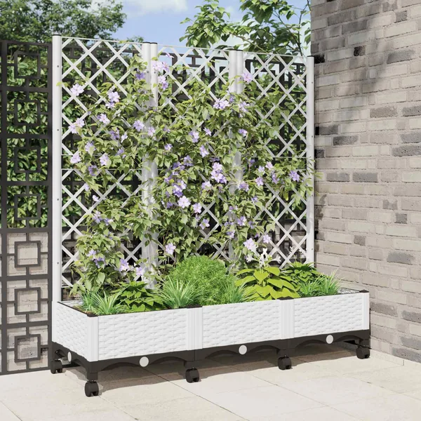 Bac de jardin avec treillis et roues Blanc 120 x 40 x 131,5 cm