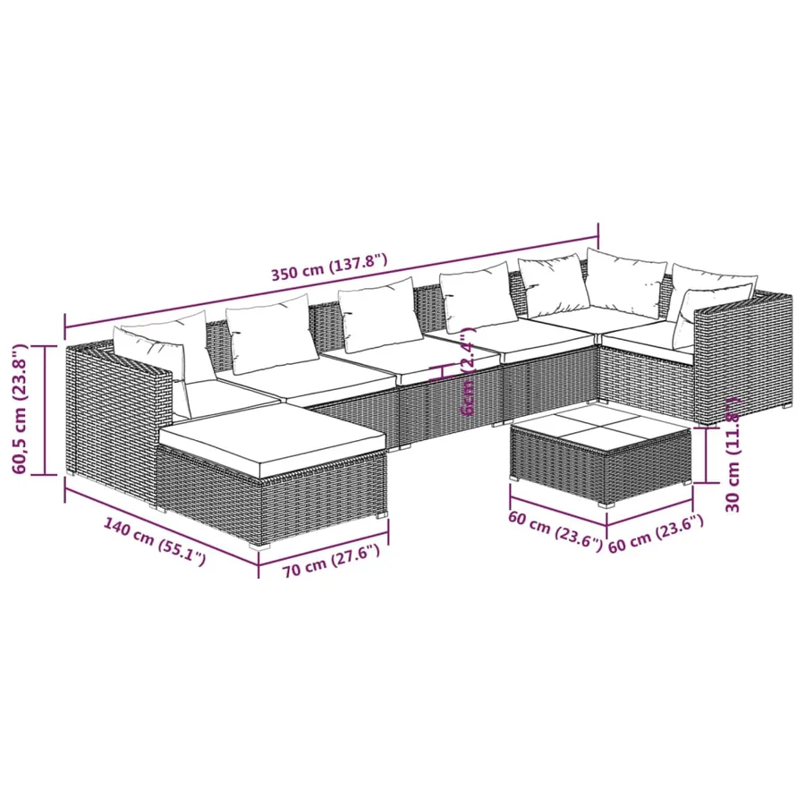 Salon de jardin 8 pcs avec coussins résine tressée marron - 11