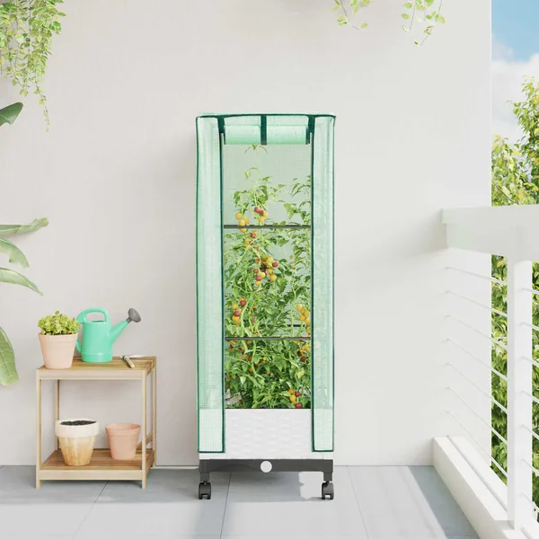 Jardinière de jardin avec couverture de serre et roues Blanc PP