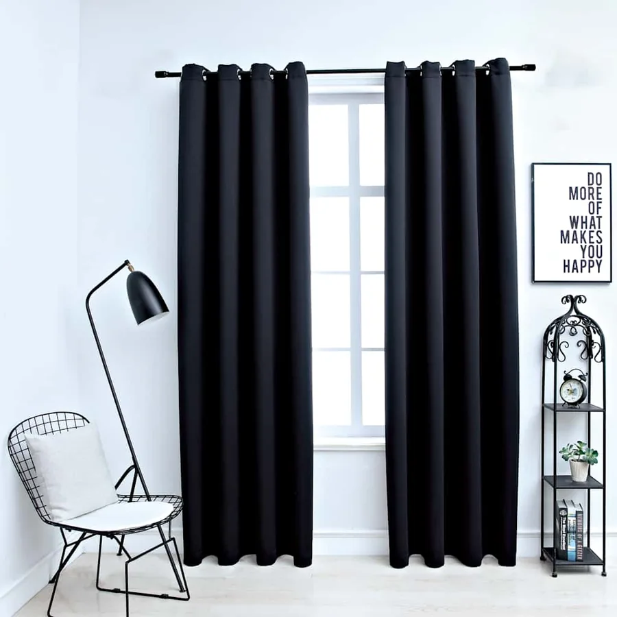 Rideaux occultants avec anneaux en métal 2 pcs Noir 140x175 cm