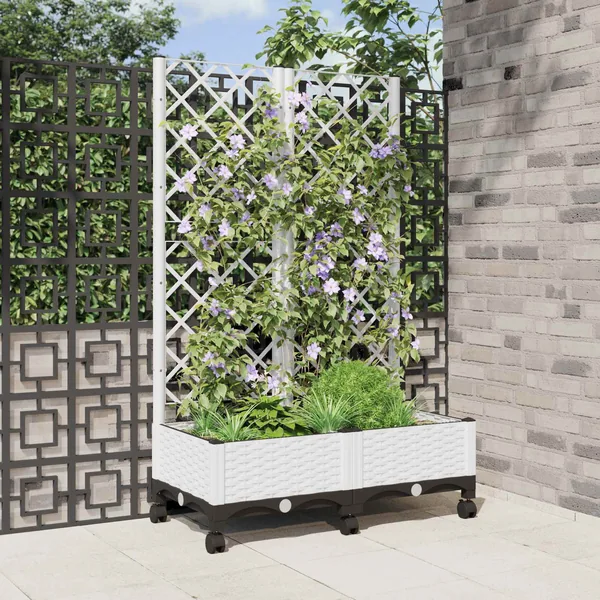 Bac de jardin avec treillis et roues Blanc 80 x 40 x 131,5 cm
