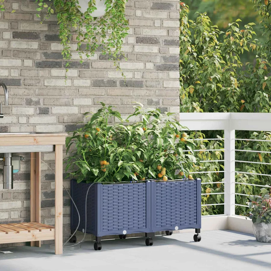 Porte-plante de jardin avec irrigation et roues 2 pc Gris PP