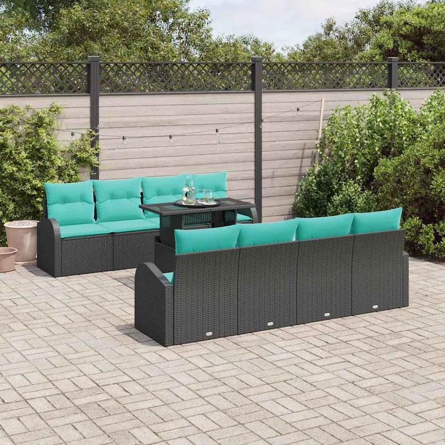 Ensemble de canapé de jardin 9 pcs Noir Poly Rattan