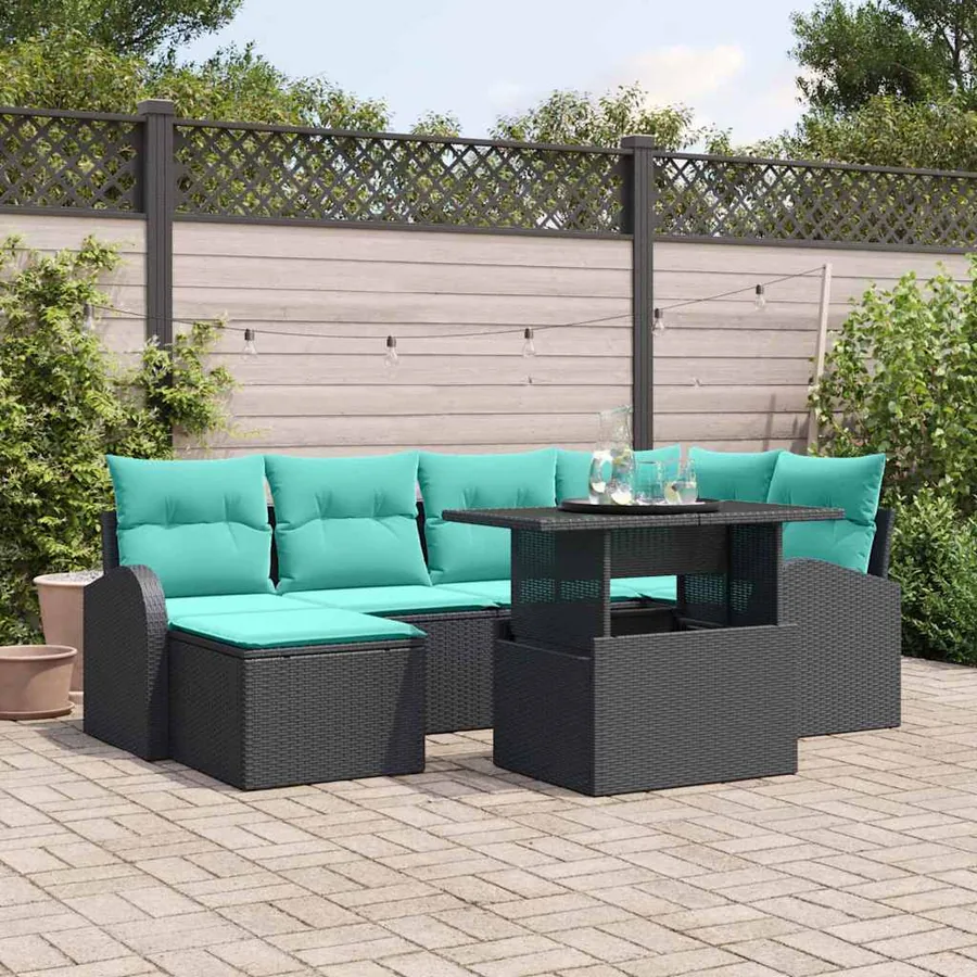 Ensemble de canapé de jardin 7 pcs Noir Poly rotin