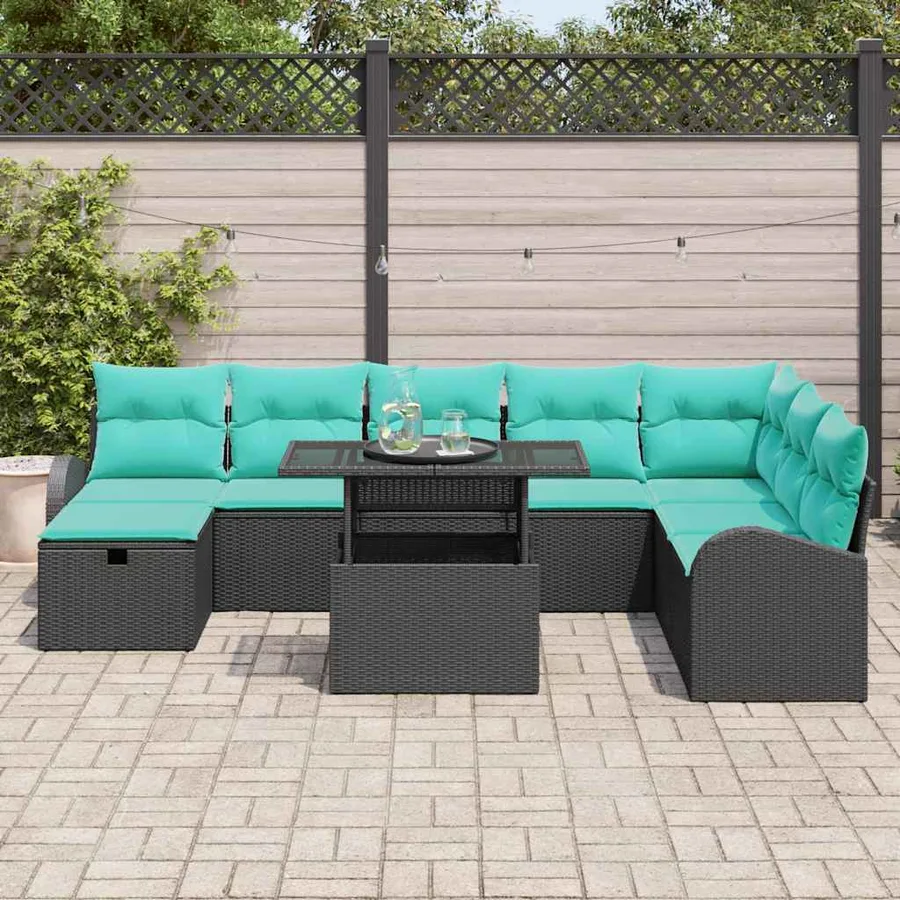 Ensemble de canapé de jardin avec coussin 9 pcs Noir Poly rotin - 3