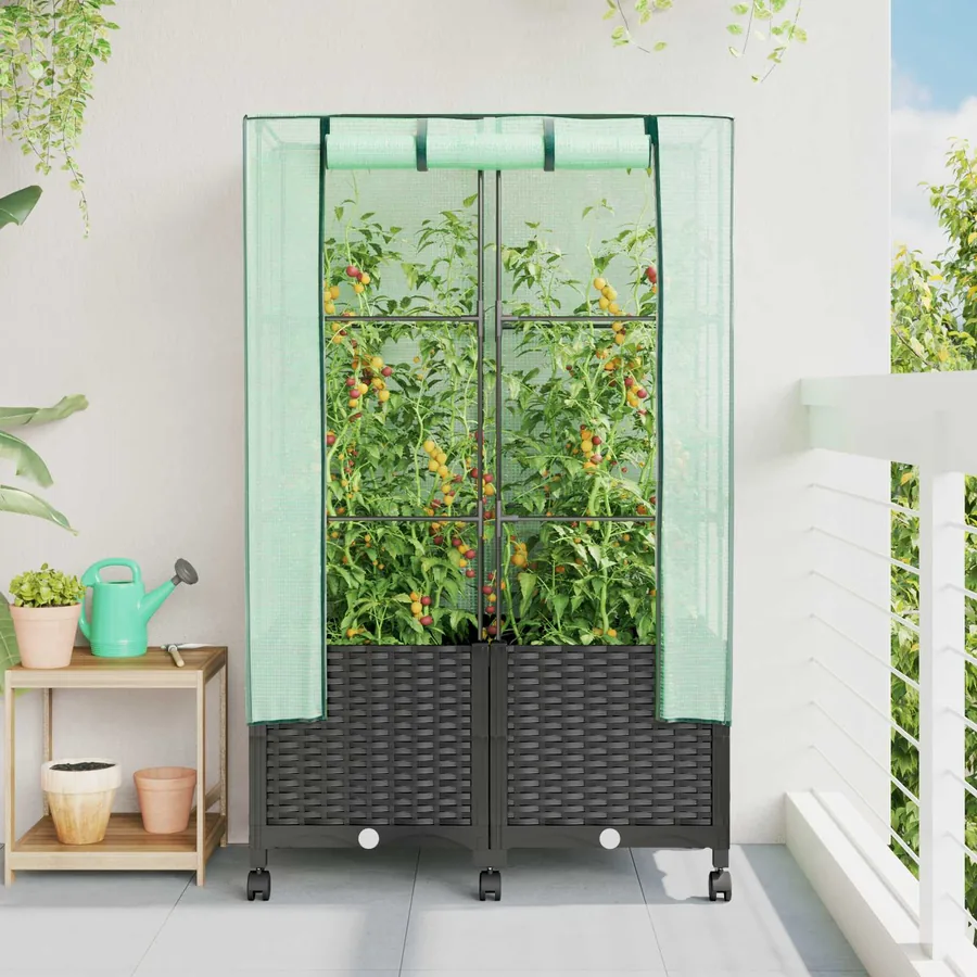 Jardinière de jardin avec couverture de serre et roues 2 pc PP
