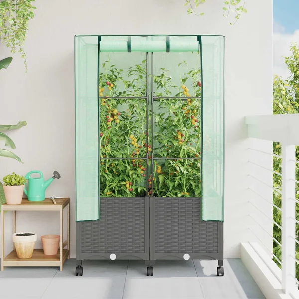 Jardinière de jardin avec couverture de serre et roues 2 pc PP