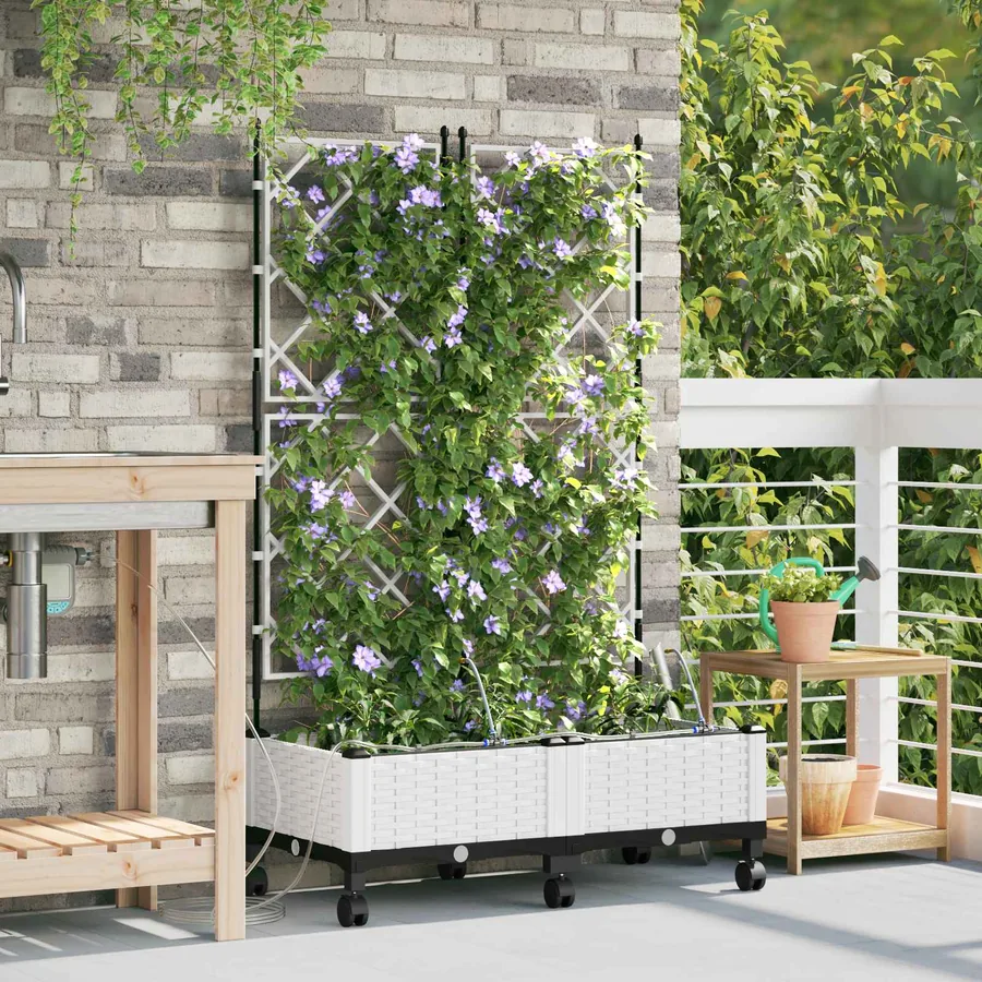 Porte-plante de jardin avec irrigation et roues 2 pc Blanc PP