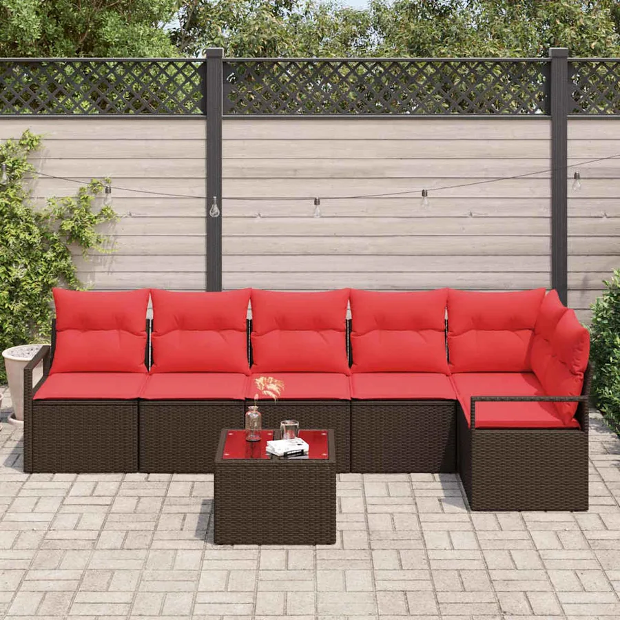 Ensemble de canapé de jardin 7 pcs Marron et rouge polyrotin - 3