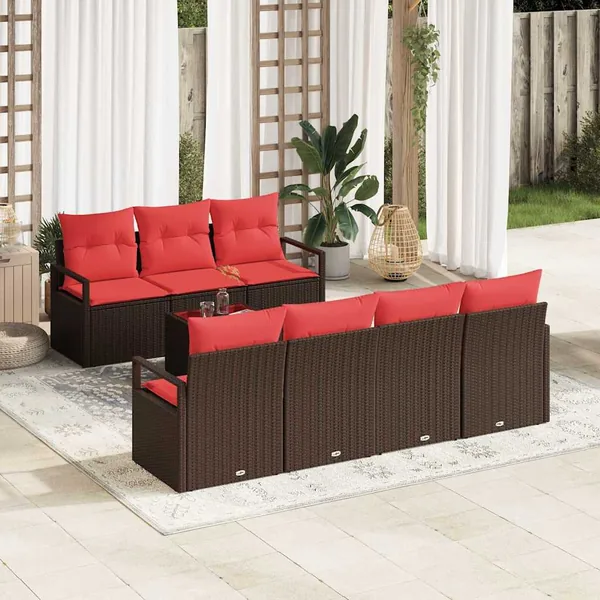 Ensemble de canapé de jardin 8 pcs Beige et Rouge polyrotin