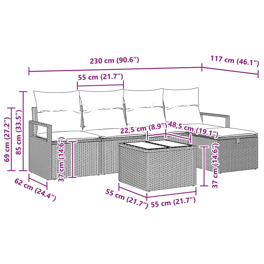 Ensemble de canapé de jardin 6 pcs Marron polyrotin - 13