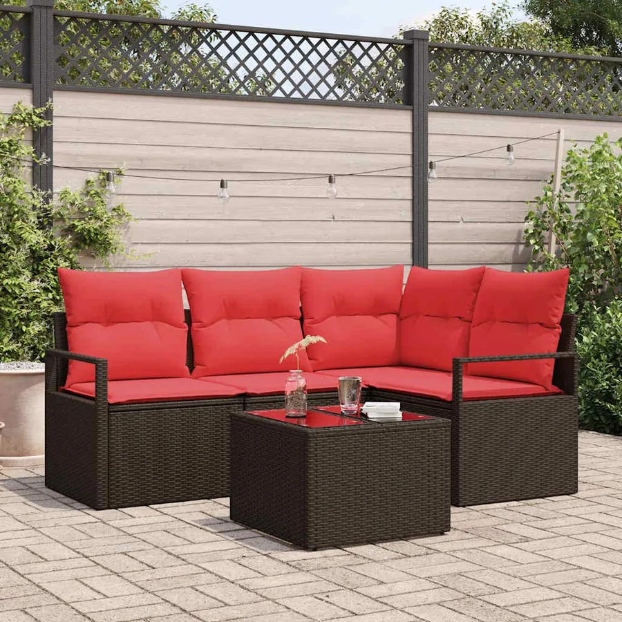 Ensemble de canapé de jardin 5 pcs Marron et rouge polyrotin