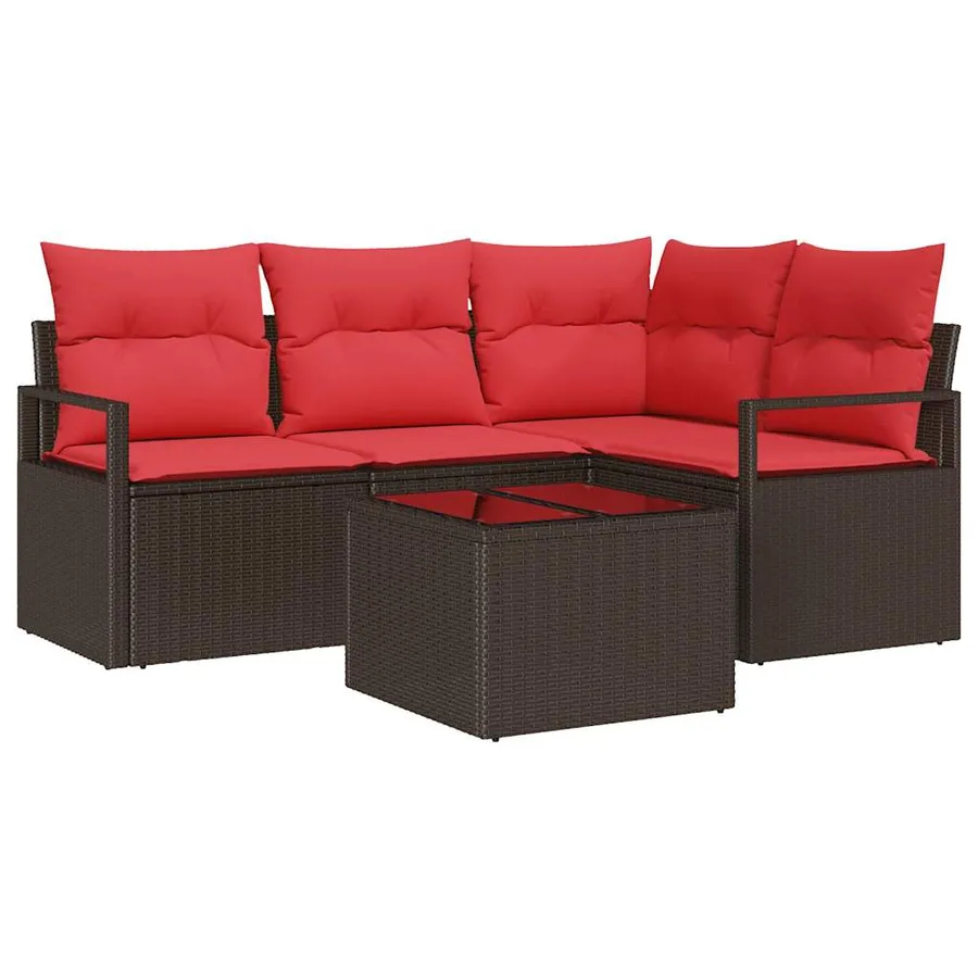 Ensemble de canapé de jardin 5 pcs Marron et rouge polyrotin - 2