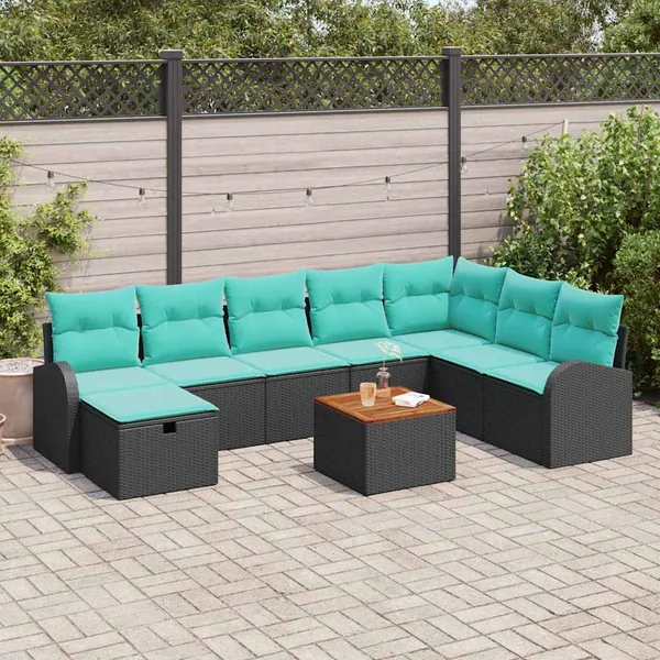 Ensemble de canapé de jardin avec coussin 9 pcs Noir Poly rotin