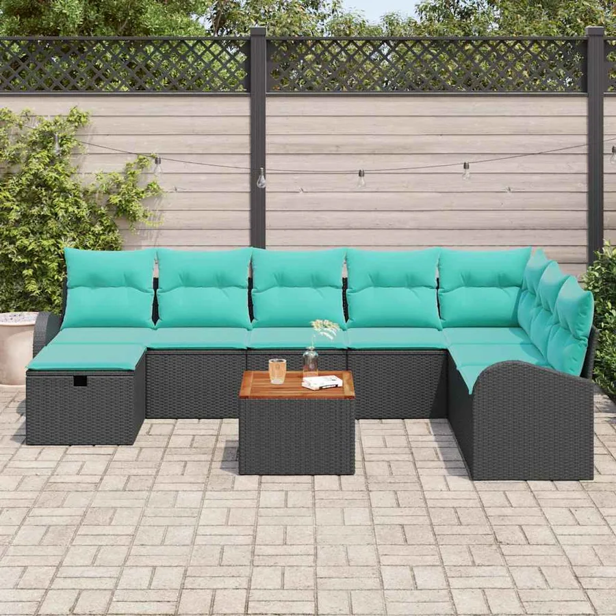 Ensemble de canapé de jardin avec coussin 9 pcs Noir Poly rotin - 3