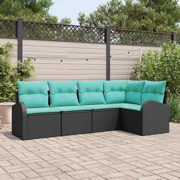 Ensemble de canapé de jardin 5 pcs Noir et turquoise polyrotin
