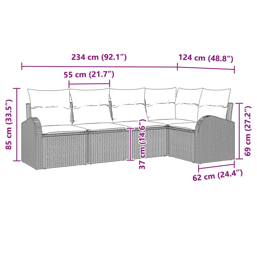 Ensemble de canapé de jardin 5 pcs Noir et turquoise polyrotin - 12