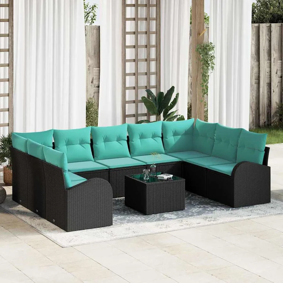 Ensemble de canapé de jardin 10 pcs Noir et turquoise polyrotin