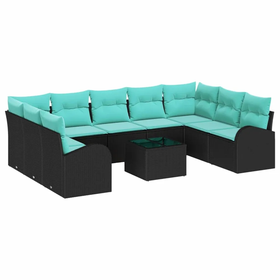 Ensemble de canapé de jardin 10 pcs Noir et turquoise polyrotin - 2