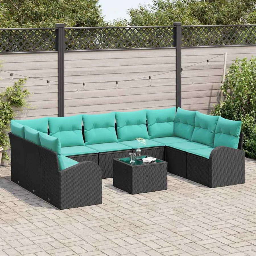 Ensemble de canapé de jardin 10 pcs Noir et turquoise polyrotin - 3