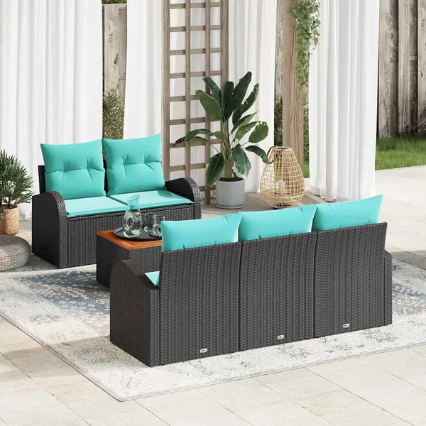 Ensemble de canapé de jardin 6 pcs Noir et turquoise polyrotin