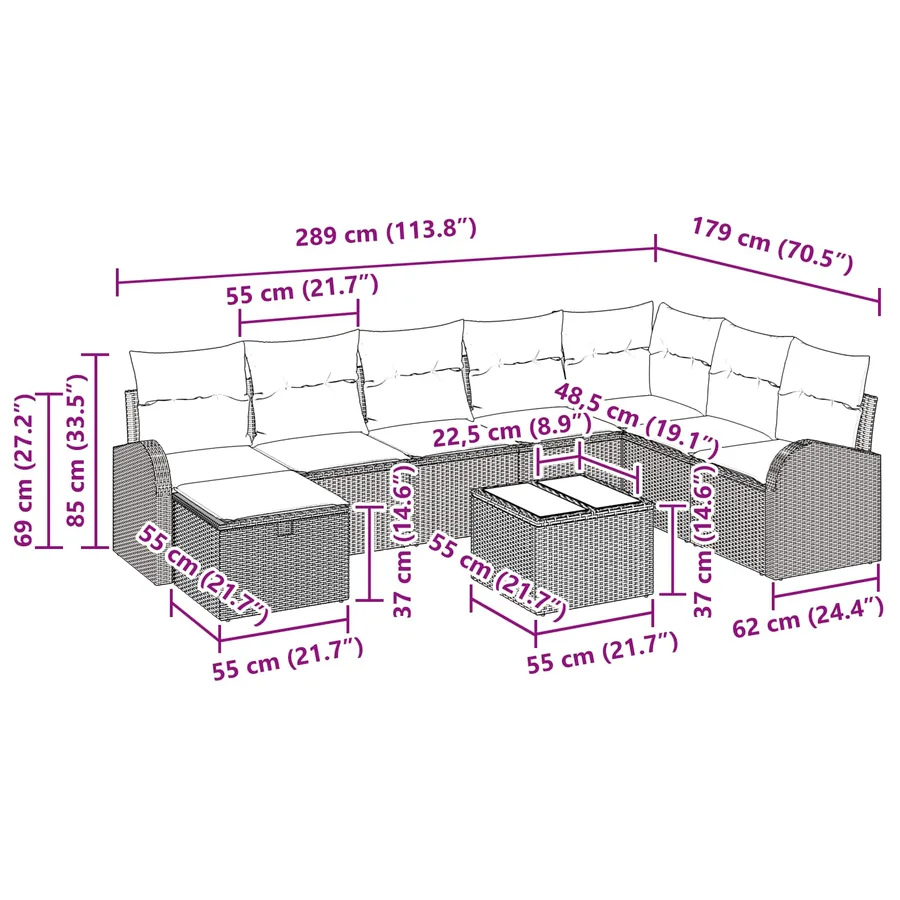 Ensemble de canapé de jardin avec coussin 9 pcs Noir Poly rotin - 15