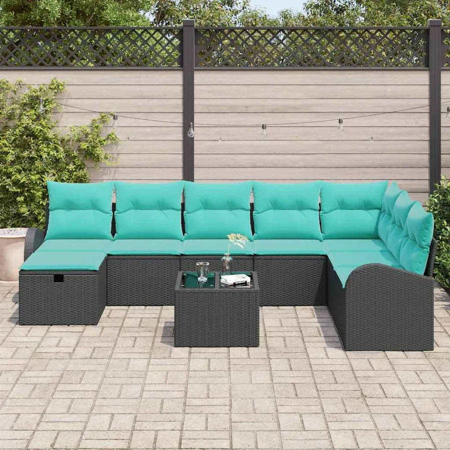 Ensemble de canapé de jardin avec coussin 9 pcs Noir Poly rotin - 3