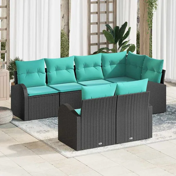 Ensemble de canapé de jardin 7 pcs Noir et turquoise polyrotin