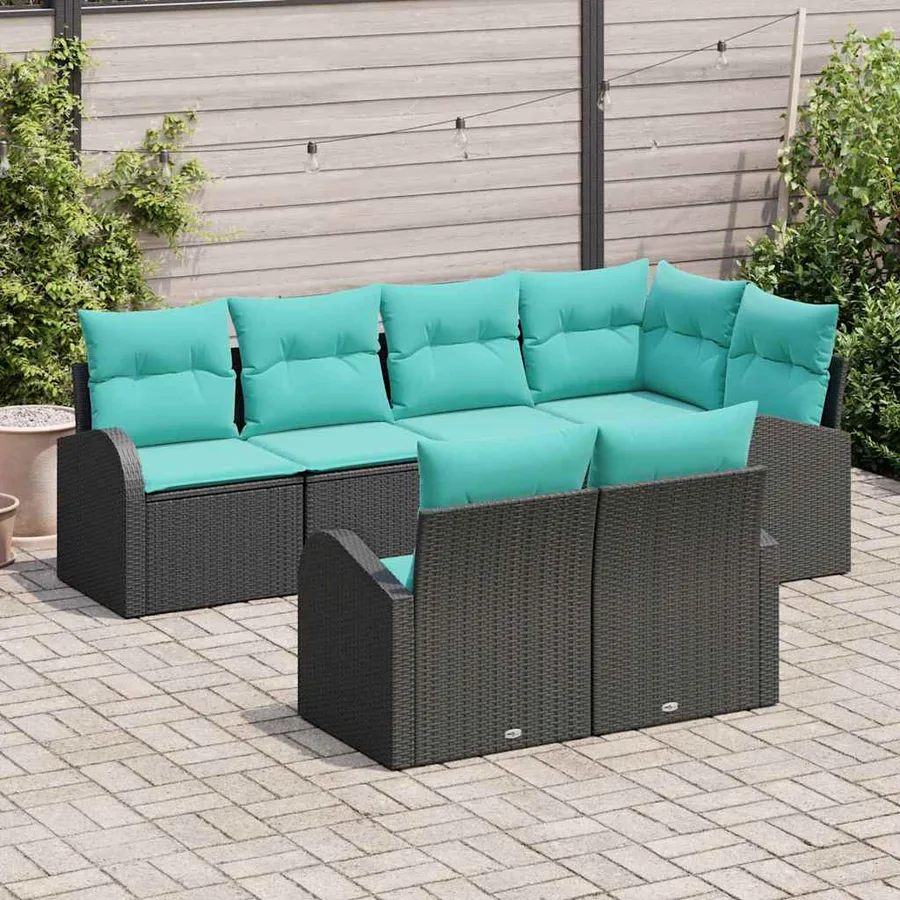 Ensemble de canapé de jardin 7 pcs Noir et turquoise polyrotin - 3