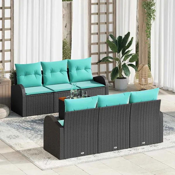 Ensemble de canapé de jardin 7 pcs Noir et turquoise polyrotin