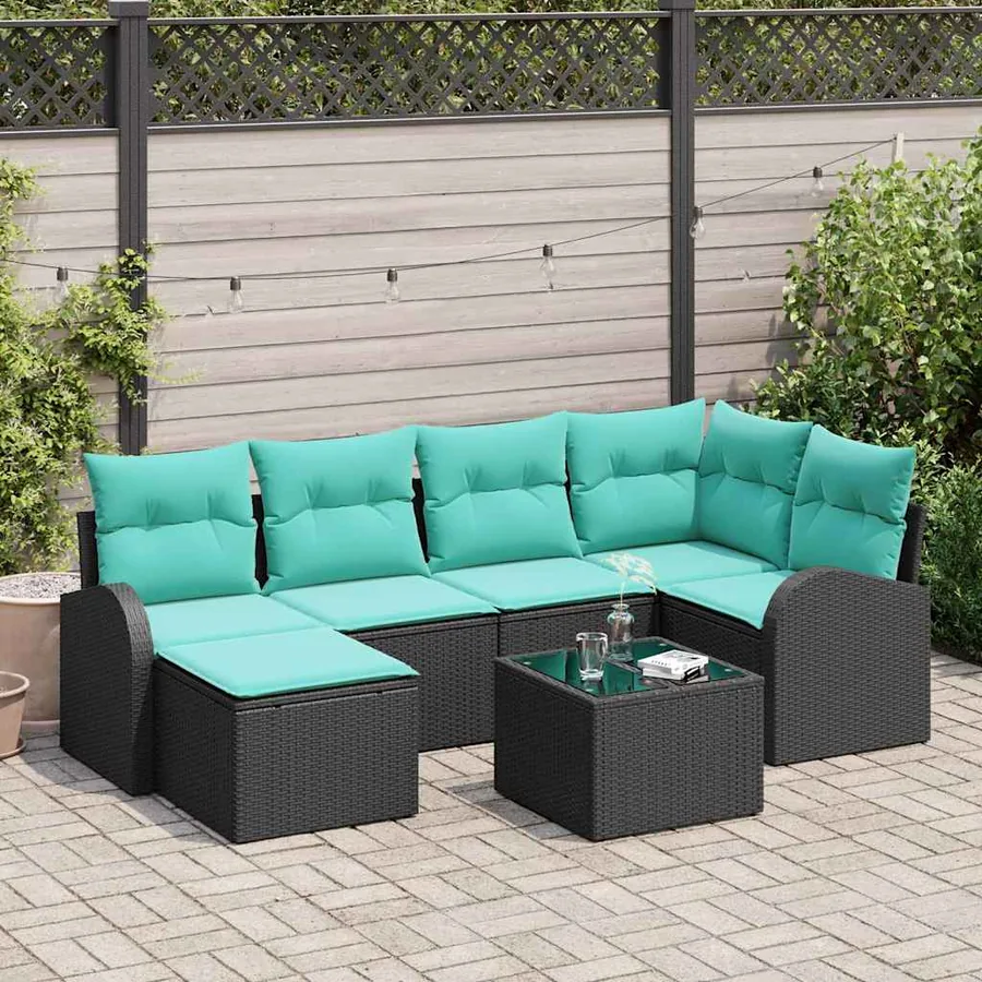 Ensemble de Canapés 7 pcs Noir et turquoise polyrotin