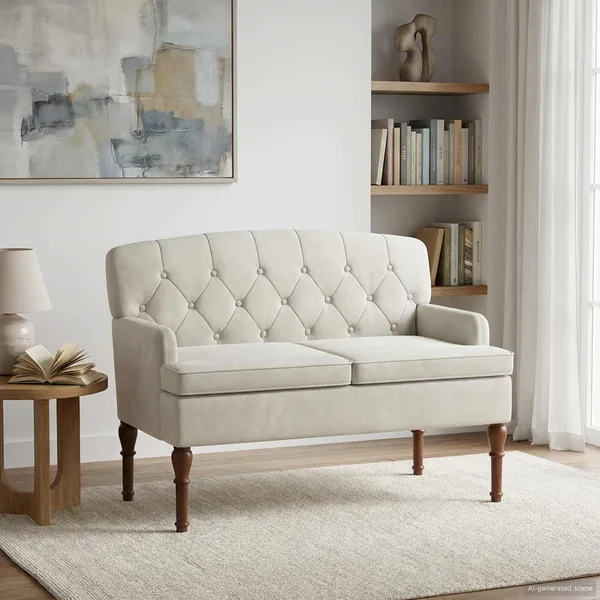 Canapé love seat avec capitonnage en boutons Crème Velours