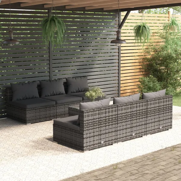 Salon de jardin 7 pcs avec coussins résine tressée gris