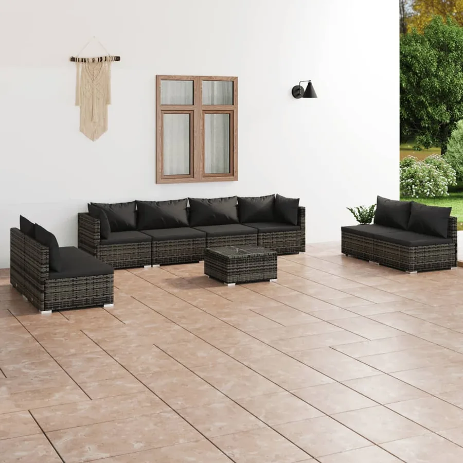Salon de jardin 9 pcs avec coussins Résine tressée Gris